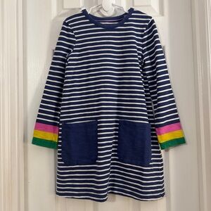 Mini Boden Girl Navy Striped Sweater Dress with Colorful Long Sleeves